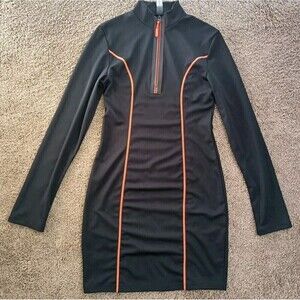 HALFHEART Zippered Bodycon Dress  Size Large Black Neon Orange Mock Neck